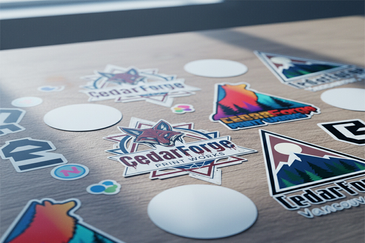 Die-cut vinyl stickers made by CedarForge Print Works